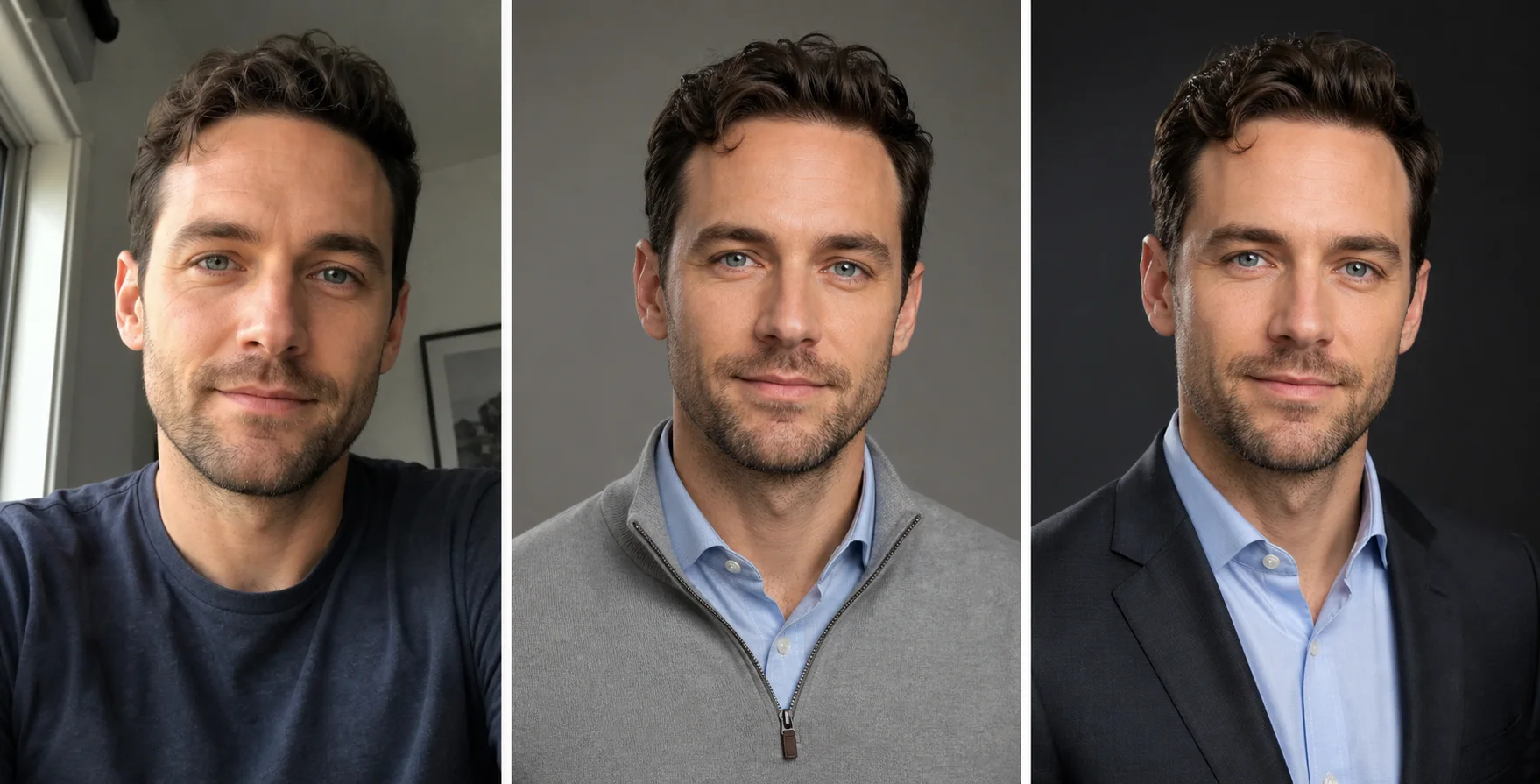 AI-generated fictional example showing an original selfie, a LinkedIn headshot, and an executive headshot